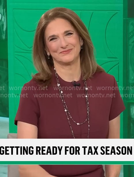 Jill Schlesinger's dark red short sleeve sheath dress on CBS Mornings