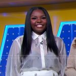 Joaquina’s white embellished sheer blouse and pencil skirt on Good Morning America