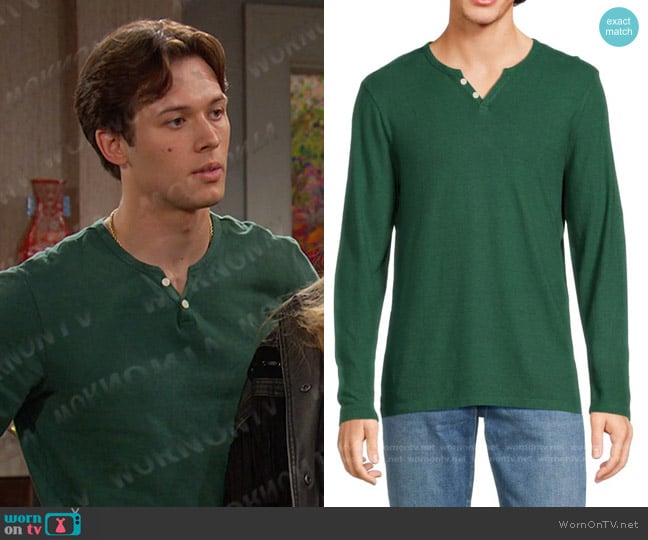 Joe's Jeans Solid Henley in Dark Cedar worn by Tate Black (Leo Howard) on Days of our Lives