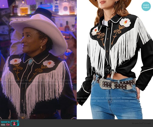 John Moon at Amazon Floral Embroidered Fringe Western Shirt worn by Lucretia Turner (Wanda Sykes) on The Upshaws