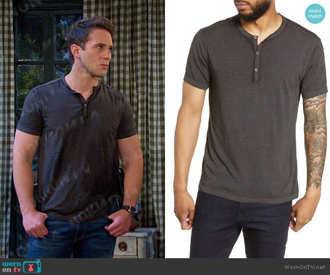 John Varvatos Star USA Regular Fit Henley T-Shirt in Charcoal worn by  JJ Deveraux (Casey Allen Moss) on Days of our Lives