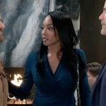 Jordan’s teal draped wrap dress on General Hospital