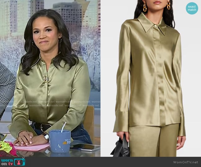 Joseph Brunel Silk Satin Blouse in Dark Olive worn by Laura Jarrett on Today