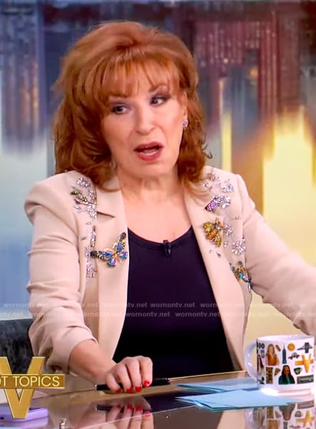 Joy's beige jewel embellished blazer on The View