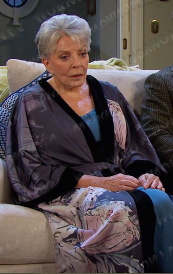 Julie's floral print velvet trim robe on Days of our Lives