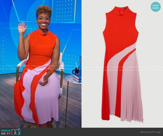 Karen Millen Fluid Tailored Color Block High Neck Pleated Midi Dress in Pink worn by Tara Roberts on Good Morning America