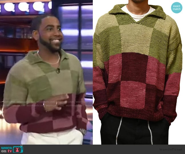 Jharrel’s colorblock check knit sweater on The Kelly Clarkson Show