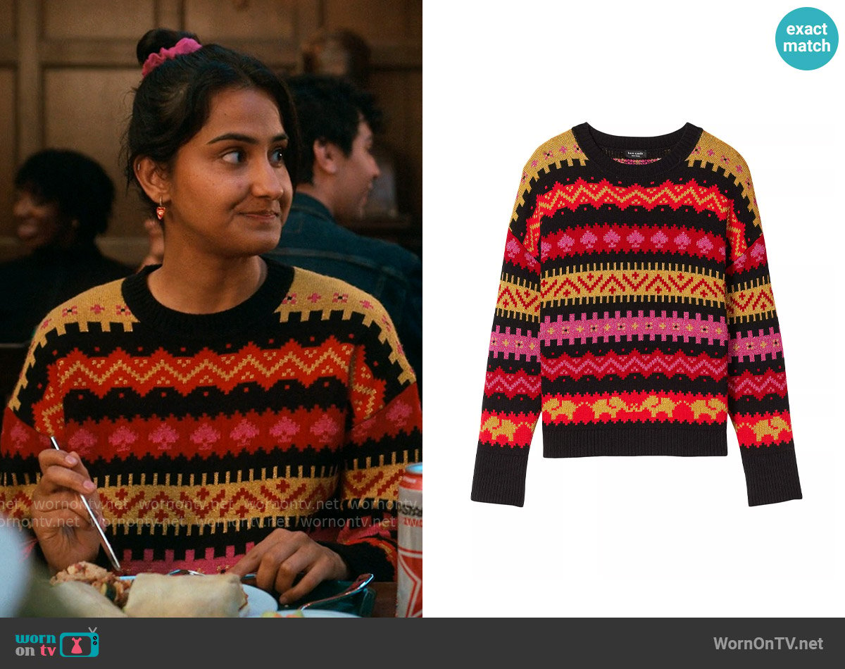 Kate Spade Mainline Carnival Fair Isle Wool-Blend Sweater worn by Bela Malhotra (Amrit Kaur) on The Sex Lives of College Girls