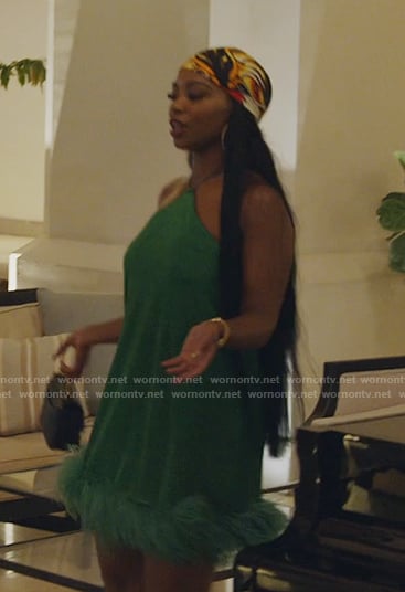 Keiarna’s green feather trim mini dress on The Real Housewives of Potomac