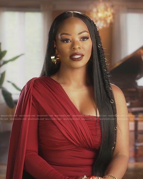 Keiarna's red drape confessinoal top on The Real Housewives of Potomac