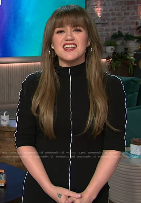 Kelly's black contrast piping dress on The Kelly Clarkson Show