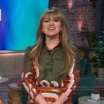 Kelly’s geometric print blouse and skirt on The Kelly Clarkson Show