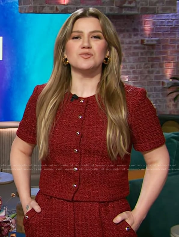 Kelly Clarkson's red tweed top and pants on The Kelly Clarkson Show