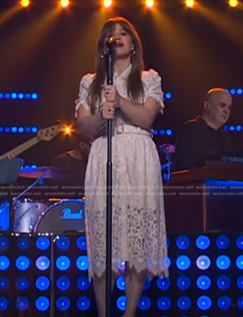 Kelly's lace belted dress on The Kelly Clarkson Show