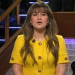 Kelly’s yellow tweed button front dress on The Kelly Clarkson Show