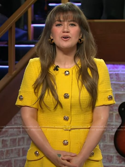 Kelly's yellow tweed button front dress on The Kelly Clarkson Show