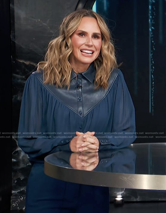 Keltie's blue mixed media blouse and pants on E! News