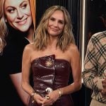 Keltie’s burgundy leather strapless mini dress on E! News