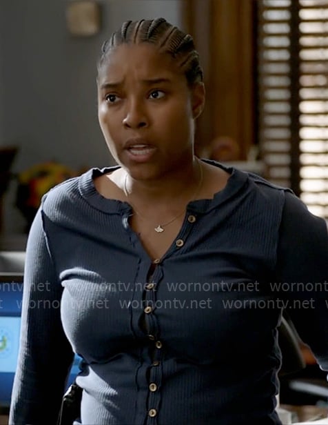 Kiana's blue button front top on Chicago PD