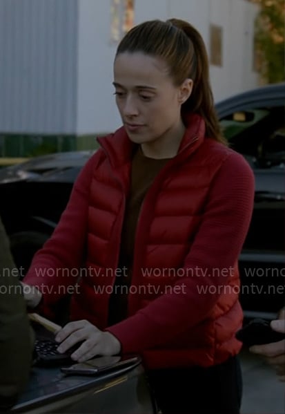 Kim’s red puffer jacket with knit sleeves on Chicago PD