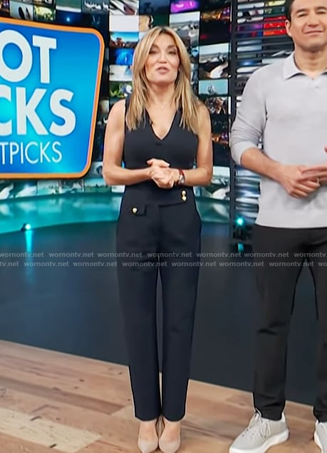 Kit's navy gold button pants on Access Hollywood