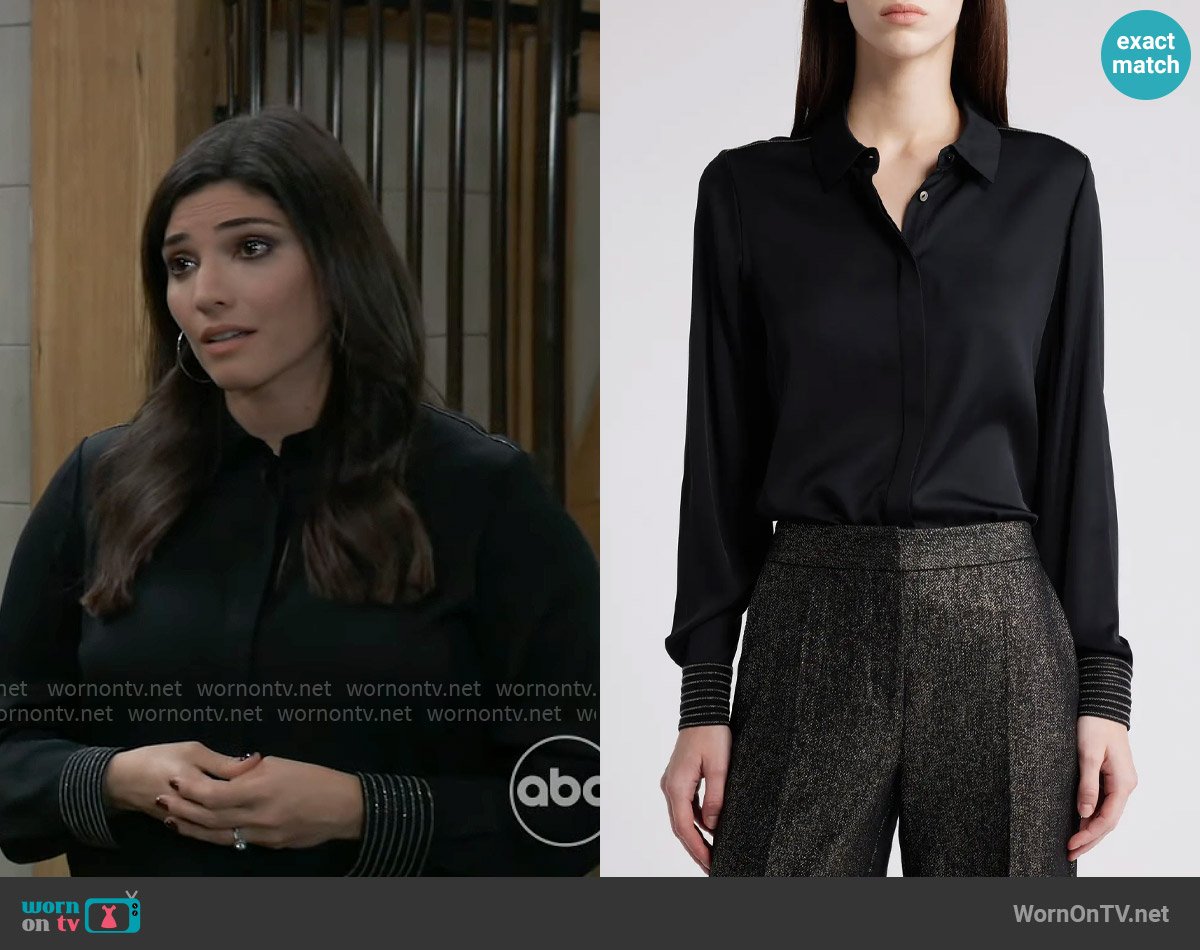 Kobi Halperin Havana Chain-Trim Silk Blouse worn by Brook Lynn Quartermaine (Amanda Setton) on General Hospital