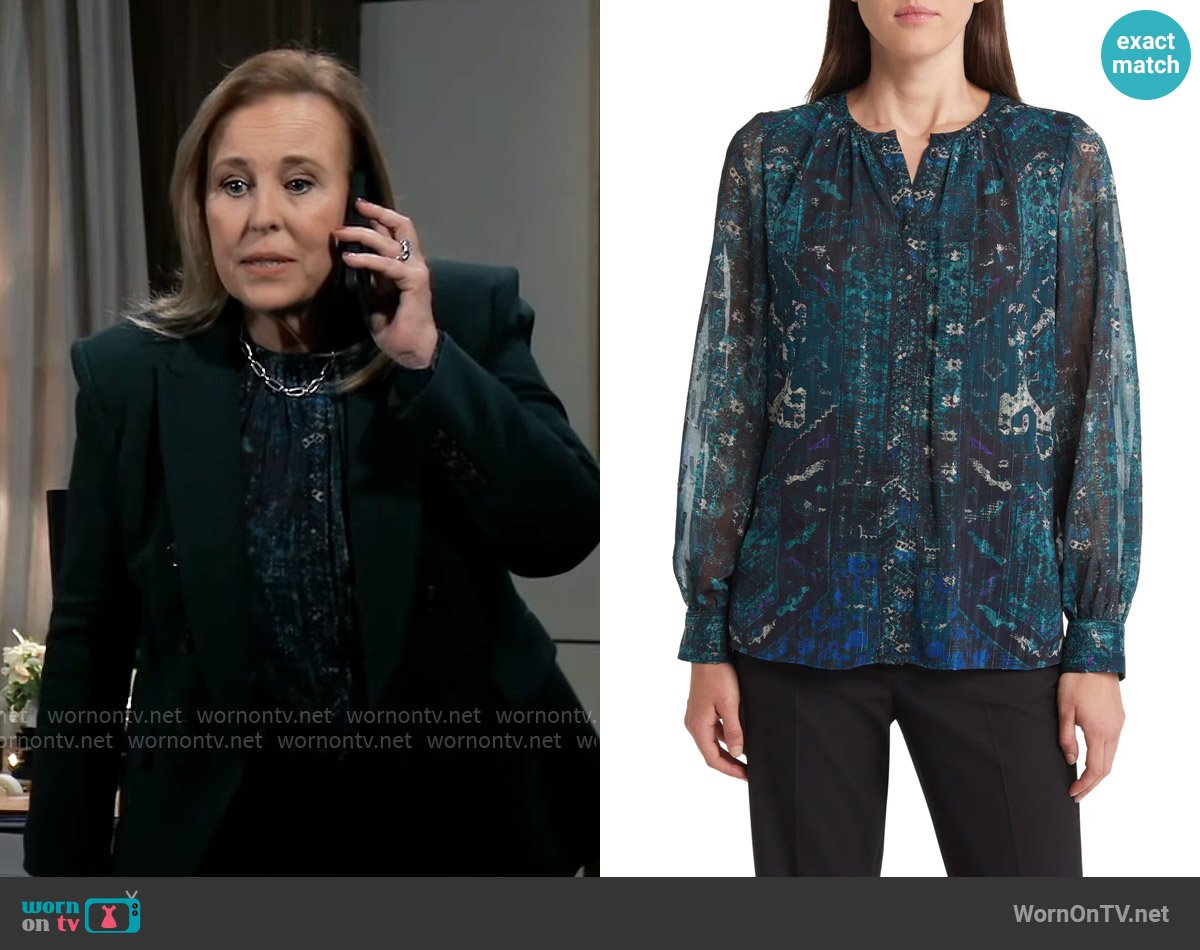 Kobi Halperin Shai Blouse in Sea Moss worn by Laura Collins (Genie Francis) on General Hospital