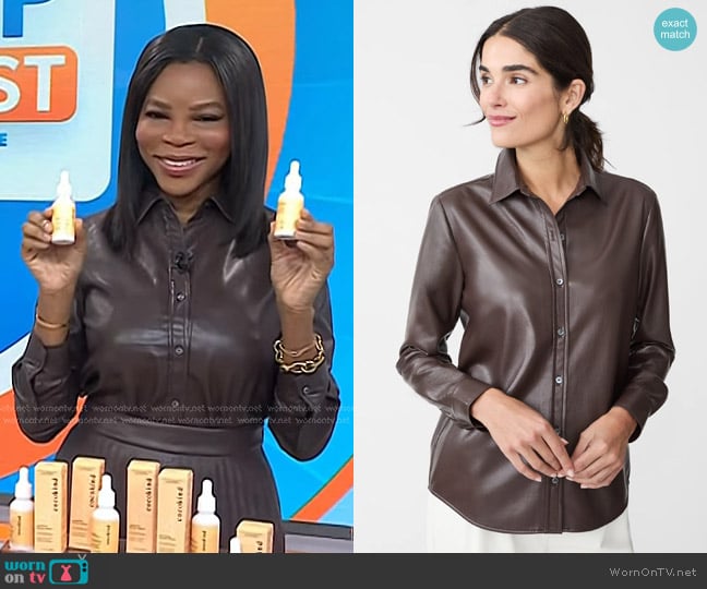 J. McLaughlin Denver Vegan Leather Shirt in Dark Brown worn by Dr. Michelle Henry on Today