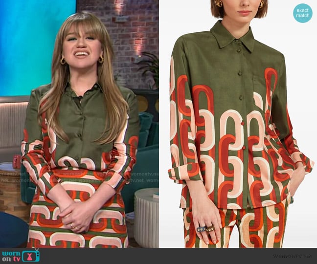 LA DoubleJ Silk geometric print shirt worn by Kelly Clarkson on The Kelly Clarkson Show