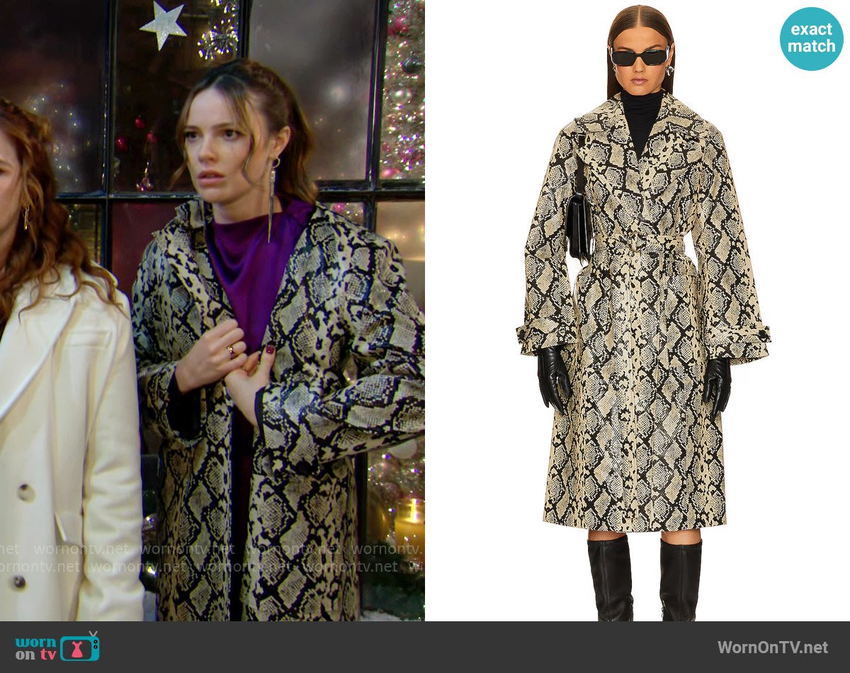 L'Academie Jo Faux Snakeskin Trench worn by Tessa Porter (Cait Fairbanks) on The Young and the Restless