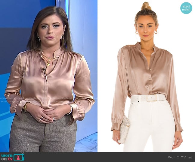 L'Agence Bianca Band Collar Blouse in Pecan worn by Chloe Melas on Today