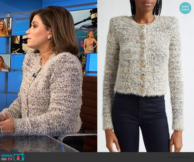 L'Agence Una Crop Eyelash Tweed Cardigan worn by Chloe Melas on NBC News Daily