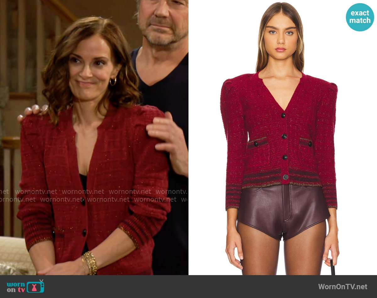 L'Agence Jenni Cardigan in Syrah Multi worn by Taylor Hayes (Rebecca Budig) on The Bold and the Beautiful