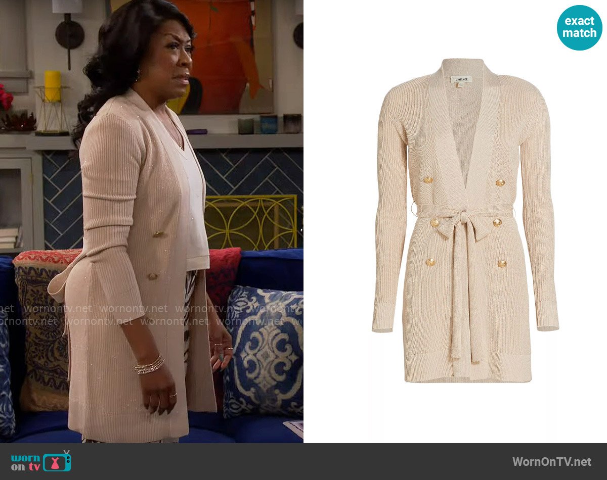 L'Agence Noa Cardigan in Pecan worn by Tina Butler (Tichina Arnold) on The Neighborhood