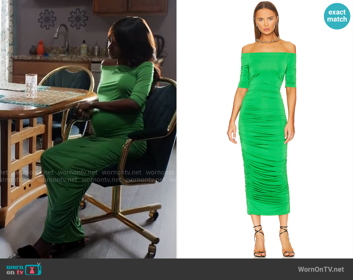 Karen’s green off-shoulder dress on Tyler Perrys Sistas