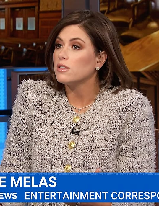 Chloe Melas’s gray tweed cardigan on NBC News Daily