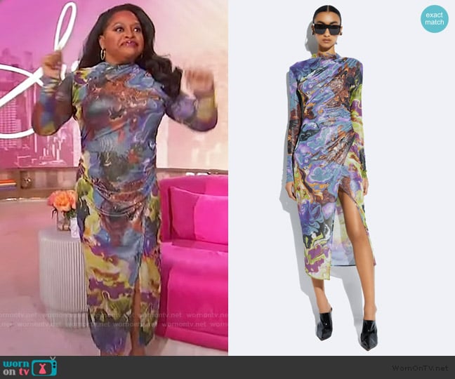 LaPointe Printed Mesh Draped Midi Dress worn by Sherri Shepherd on Sherri