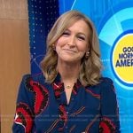 Lara’s blue floral blouse and red slit pants on Good Morning America