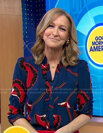 Lara’s blue floral blouse and red slit pants on Good Morning America