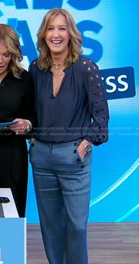 Lara's navy embroidered blouse and blue pants on Good Morning America