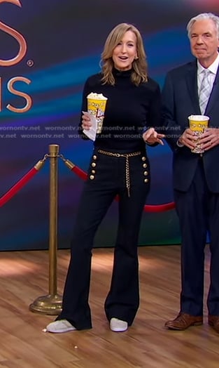 Lara's patch shoulder turtleneck and sailor flare pants on Good Morning America