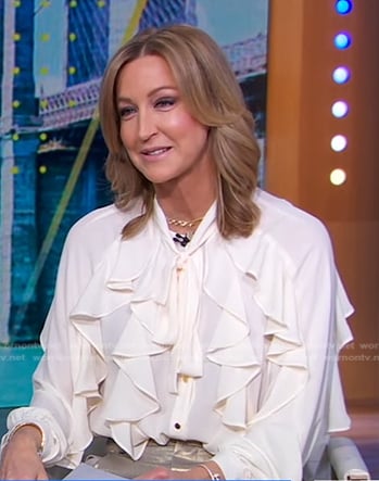 Lara’s white ruffle tie neck blouse on Good Morning America