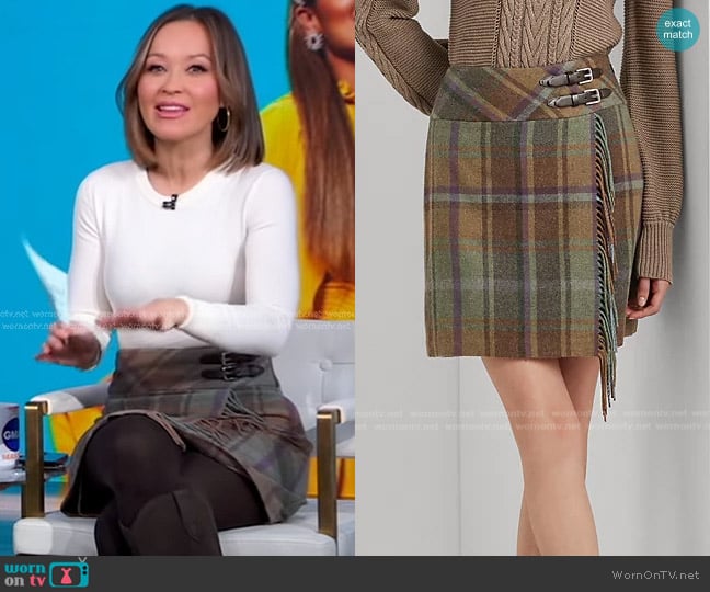 Lauren Ralph Lauren Plaid Fringe-Trim Tweed Mini Skirt worn by Eva Pilgrim on Good Morning America