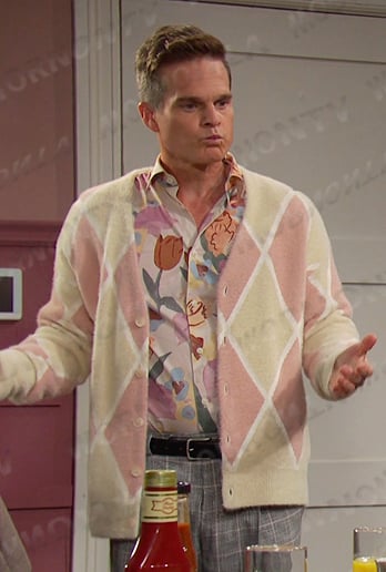 Leo's floral print shirt and argyle cardigan on Days of our Lives