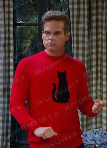 Leo’s red cat print sweater on Days of our Lives