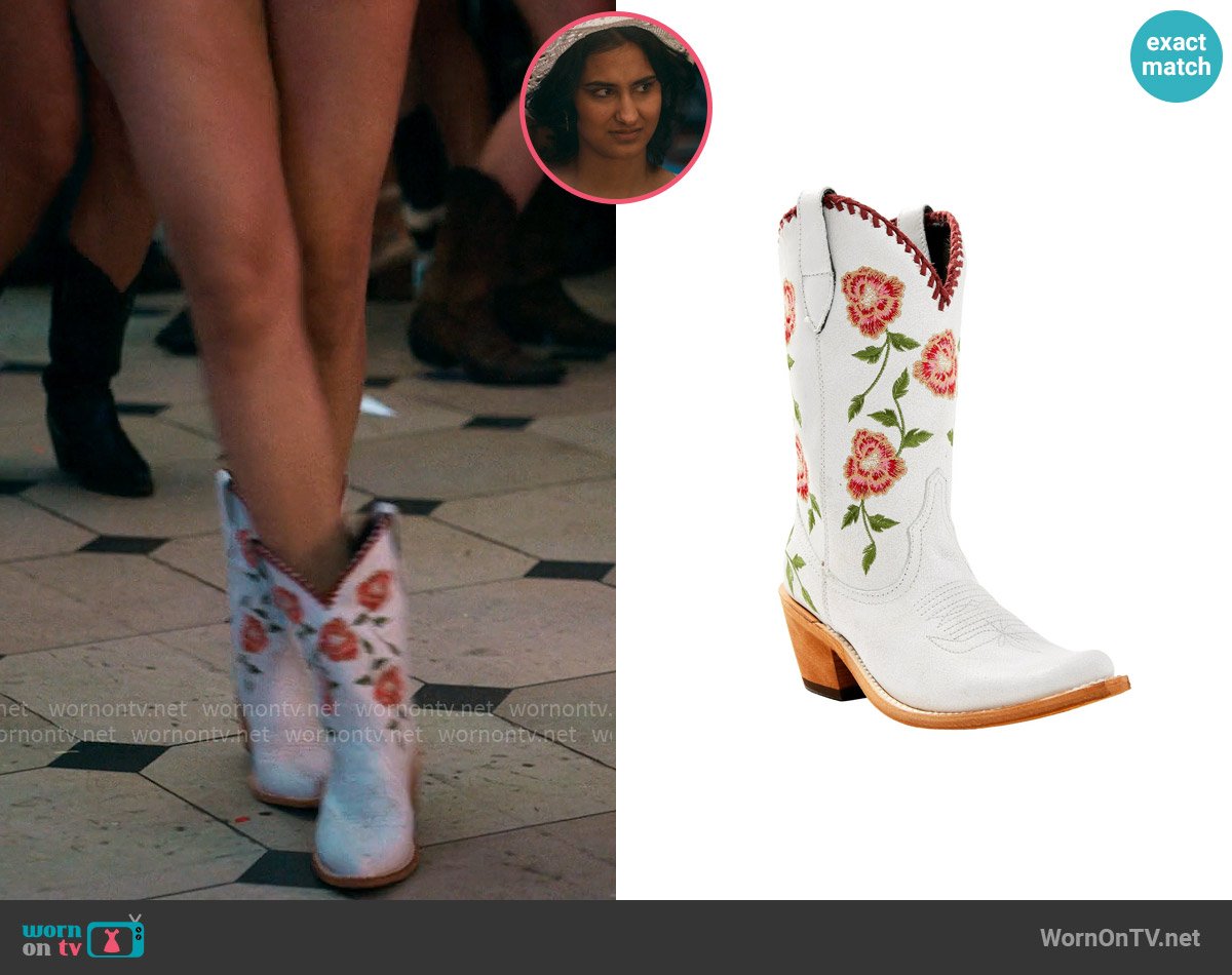 Liberty Black Vicky Floral Embroidered Boots worn by Bela Malhotra (Amrit Kaur) on The Sex Lives of College Girls