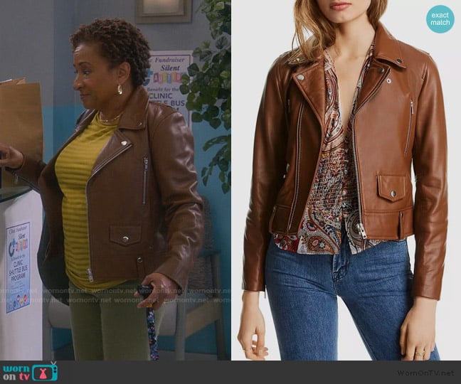 Lini Mila Leather Moto Jacket worn by Lucretia Turner (Wanda Sykes) on The Upshaws