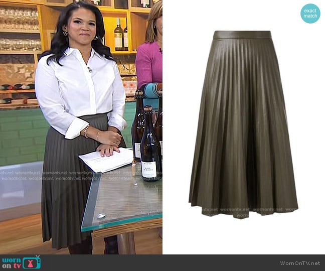 LK Bennett Laurie Pleated Faux Leather Midi Skirt in Olive Green worn by Laura Jarrett on Today