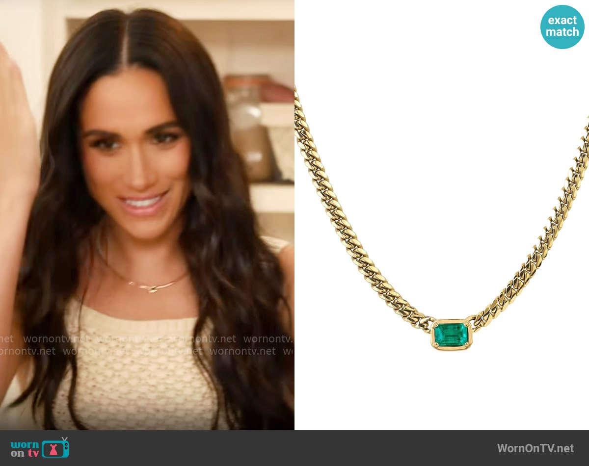 Logan Hollowell Queen Emerald Cut Emerald Cuban Choker worn by Meghan Markle on With Love, Meghan