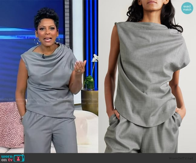 LouLou De Saison Lyra draped wool-twill blouse worn by Tamron Hall on Tamron Hall Show